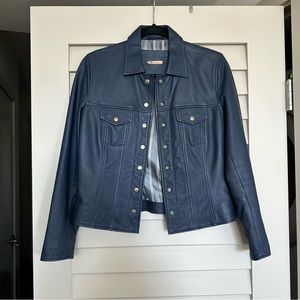 Massimo Dutti Navy Blue Real Sheep Leather Jacket Lined Snap Buttons S